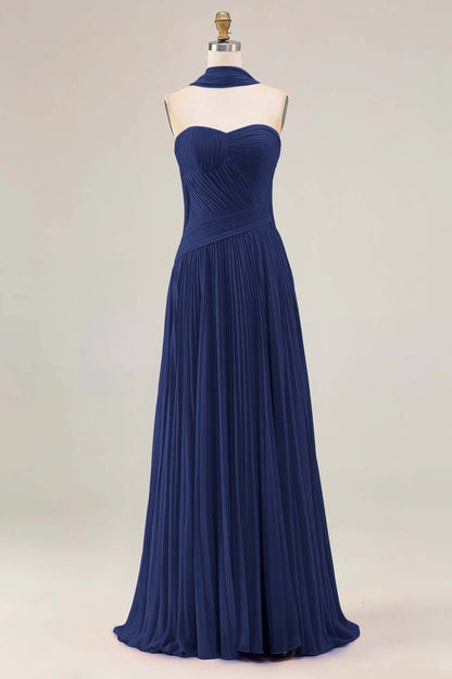 Graceful A Line Strapless Sleeveless Tulle Pleated Floor-Length Prom Dress