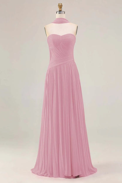 Graceful A Line Strapless Sleeveless Tulle Pleated Floor-Length Prom Dress