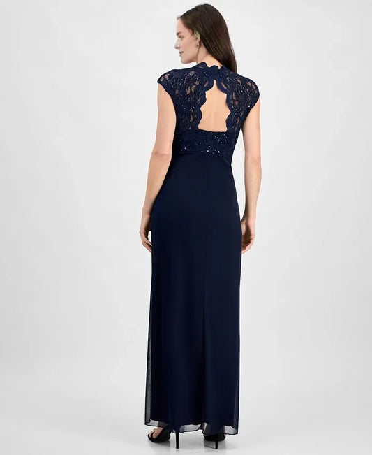 Graceful Column V Neck Cap Sleeve Ruffles Lace Floor-Length Mother of the Bride Dress
