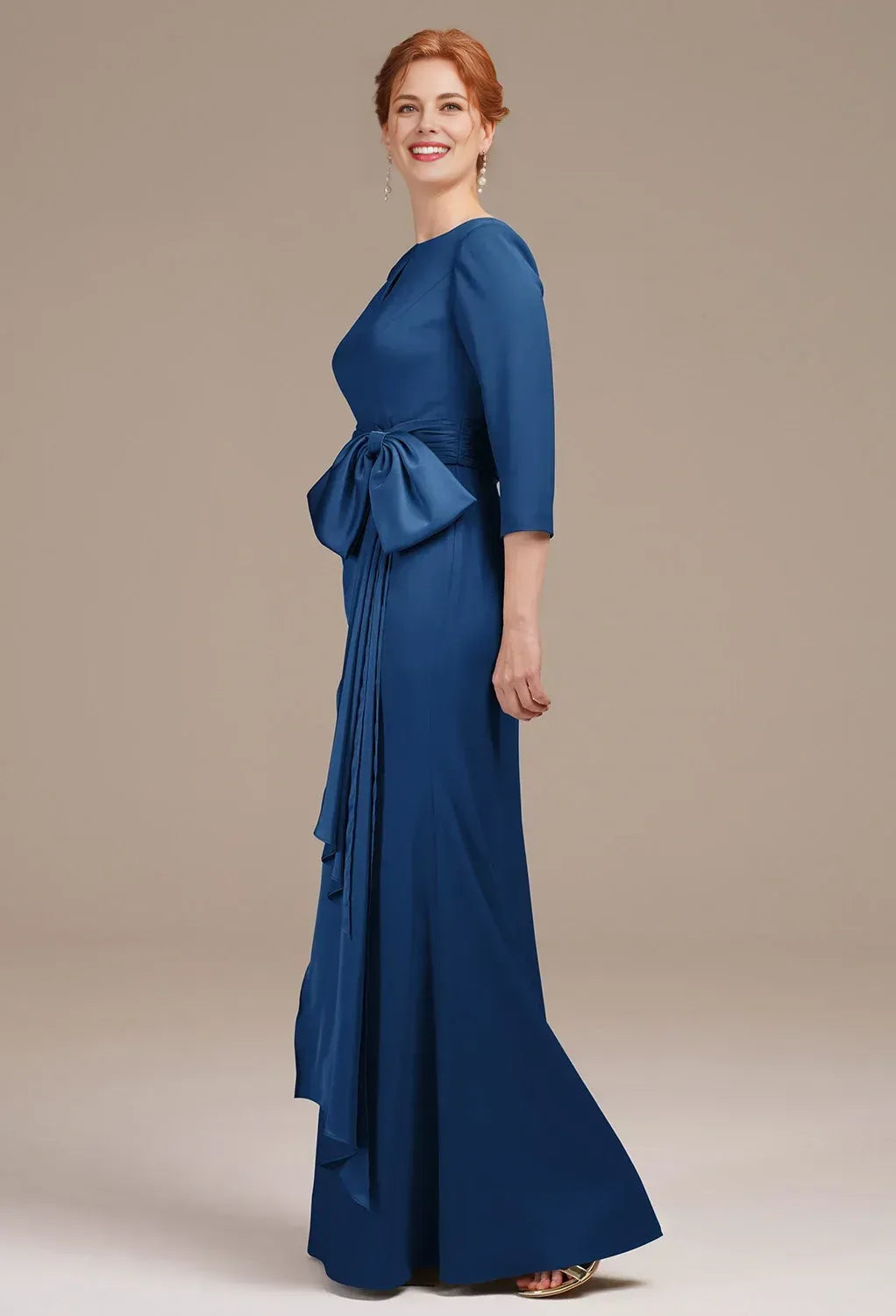 Graceful Mermaid Bateau Neck 3/4 Sleeves Pleated Satin Floor Length Mother of the Bride Dress