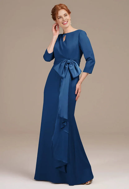 Graceful Mermaid Bateau Neck 3/4 Sleeves Pleated Satin Floor Length Mother of the Bride Dress
