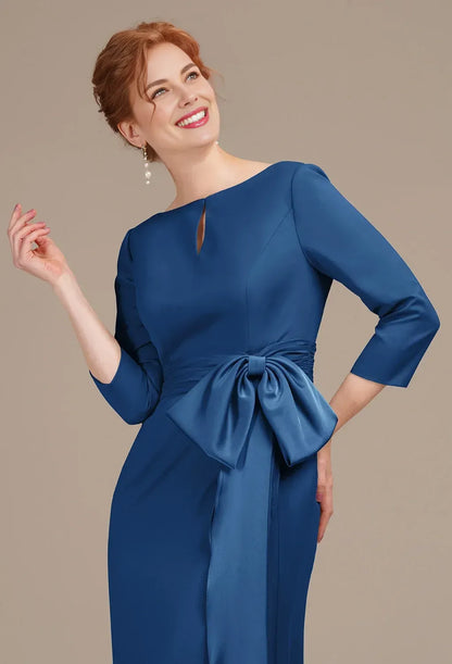 Graceful Mermaid Bateau Neck 3/4 Sleeves Pleated Satin Floor Length Mother of the Bride Dress