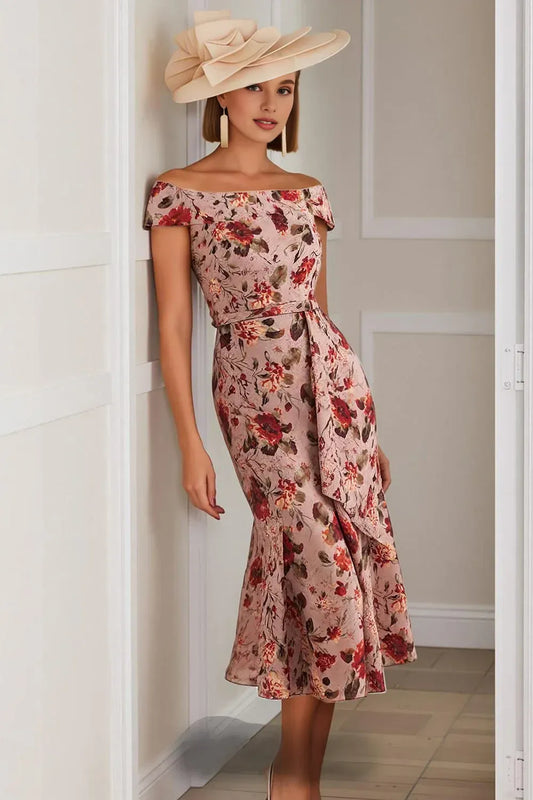 Graceful Mermaid Off the Shoulder Cap Sleeves Floral Tea-Length Mother Of The Bride Dress