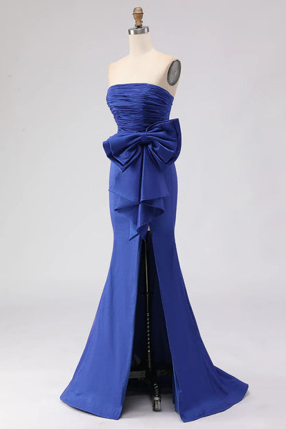 Graceful Mermaid Strapless Sleeveless Satin Ruched Floor-Length Prom Dress