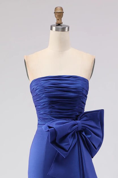 Graceful Mermaid Strapless Sleeveless Satin Ruched Floor-Length Prom Dress