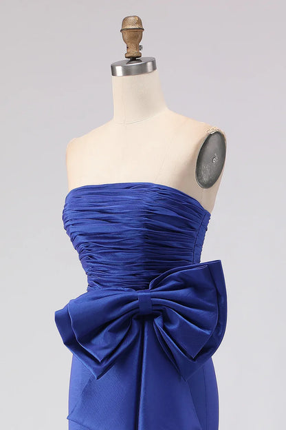 Graceful Mermaid Strapless Sleeveless Satin Ruched Floor-Length Prom Dress