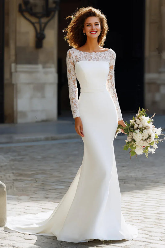 Graceful Mermaid/Trumpet Boat-Neck Long Sleeve Chiffon Sweep Train Wedding Dress