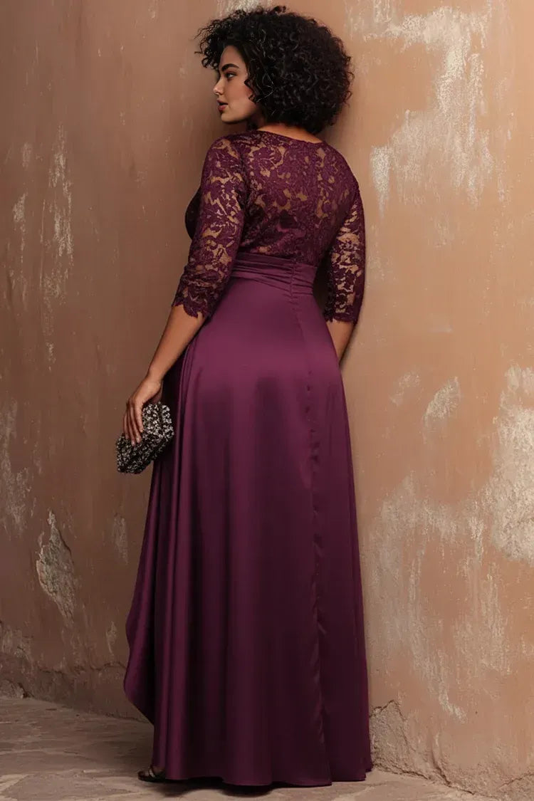 Graceful Mermaid/Trumpet Round Neck Half Sleeve Split Satin Floor Length Prom Dress