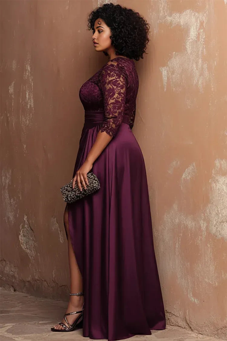 Graceful Mermaid/Trumpet Round Neck Half Sleeve Split Satin Floor Length Prom Dress