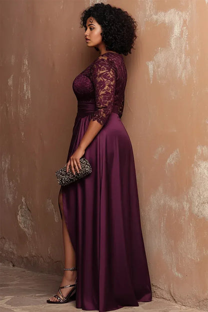 Graceful Mermaid/Trumpet Round Neck Half Sleeve Split Satin Floor Length Prom Dress
