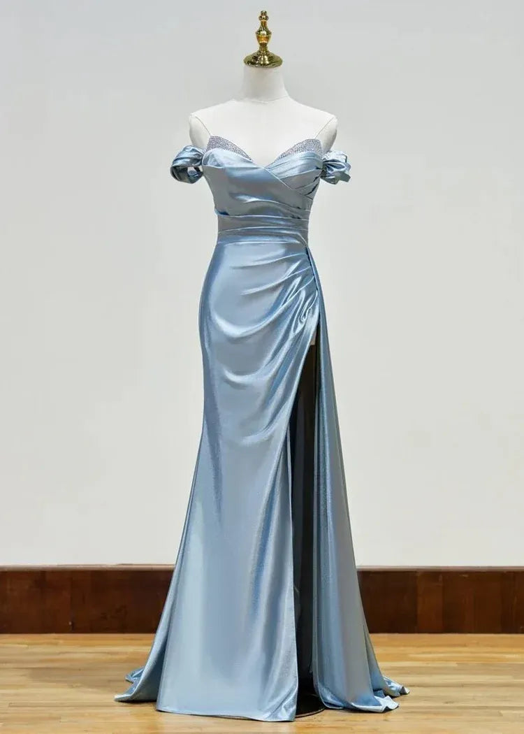 Graceful Mermaid V Neck Sleeveless Slit Satin Sweep Train Prom Dress