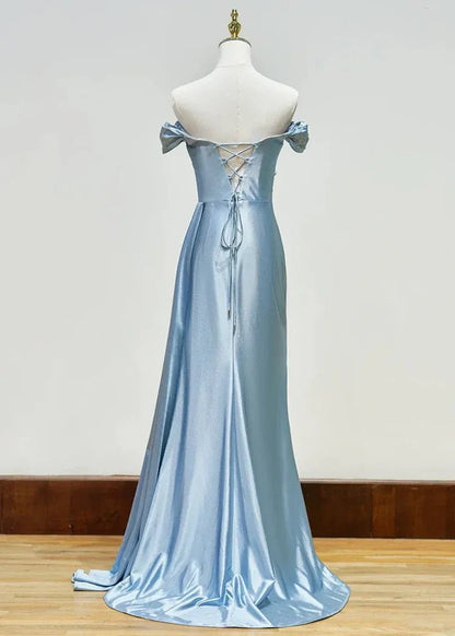 Graceful Mermaid V Neck Sleeveless Slit Satin Sweep Train Prom Dress