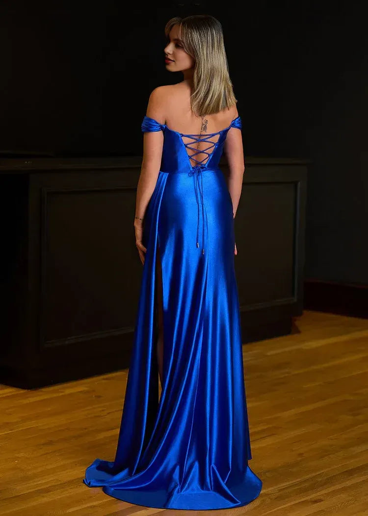 Graceful Mermaid V Neck Sleeveless Slit Satin Sweep Train Prom Dress