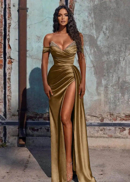 Graceful Mermaid V Neck Sleeveless Slit Satin Sweep Train Prom Dress
