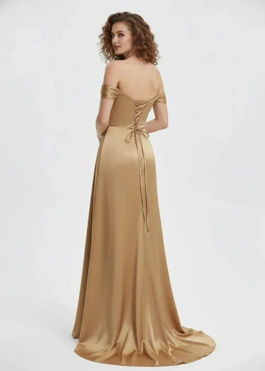 Graceful Mermaid V Neck Sleeveless Slit Satin Sweep Train Prom Dress