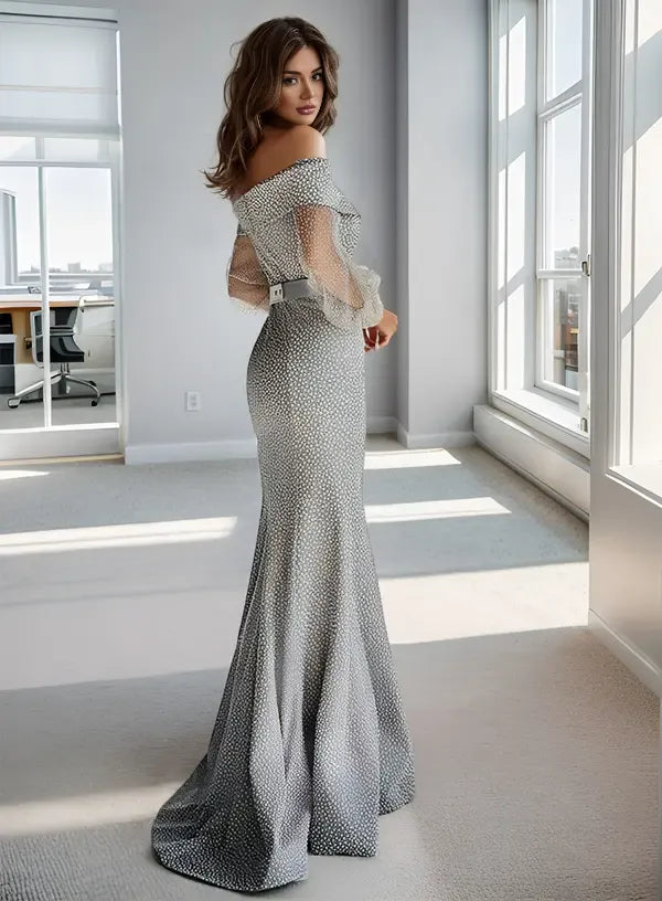 Graceful Off-The-Shoulder Mermaid Long Sleeves Pleated Sweep Train Evening Dress