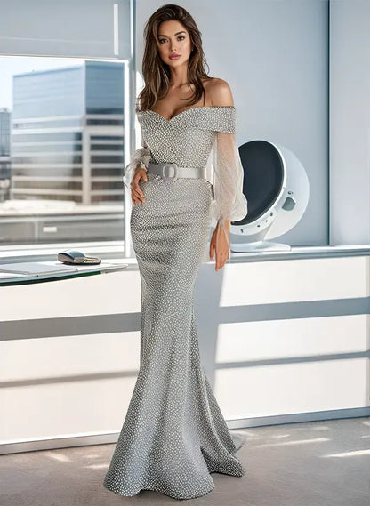 Graceful Off-The-Shoulder Mermaid Long Sleeves Pleated Sweep Train Evening Dress