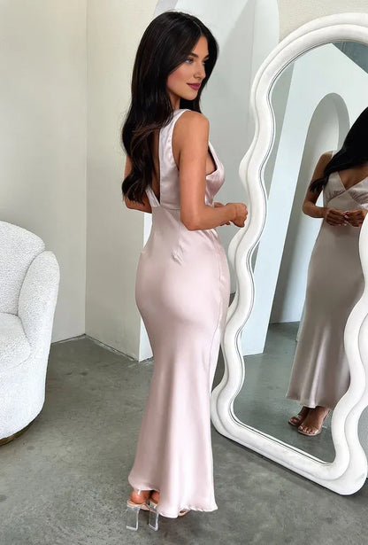 Graceful Sheath V-Neck Sleeveless Pleated Satin Floor-Length Prom Dress