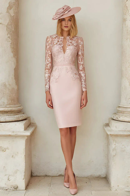 Graceful Sheath V Neck Long Sleeve Satin Appliques Tea-Length Mother of the Bride Dress
