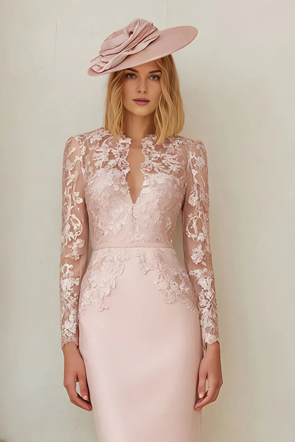 Graceful Sheath V Neck Long Sleeve Satin Appliques Tea-Length Mother of the Bride Dress
