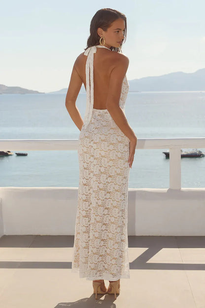 Graceful Slim Cowl Neck Sleeveless Ruched Lace Floor-Length Prom Dress