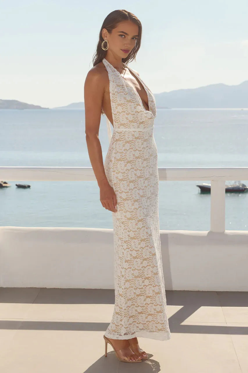 Graceful Slim Cowl Neck Sleeveless Ruched Lace Floor-Length Prom Dress