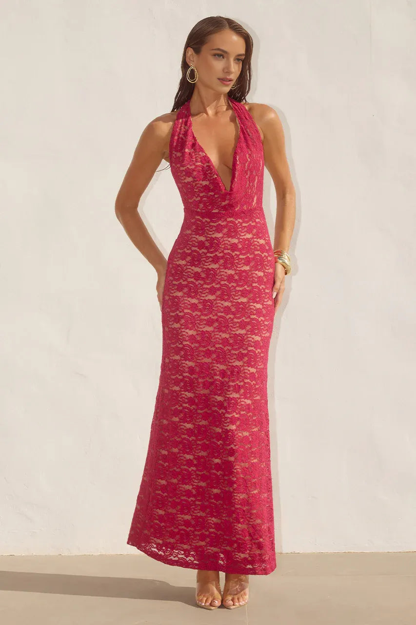 Graceful Slim Cowl Neck Sleeveless Ruched Lace Floor-Length Prom Dress