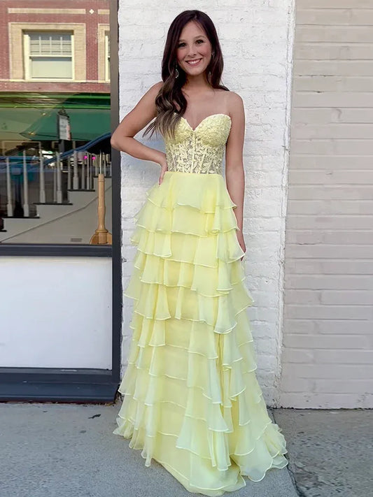 Graceful Sweetheart-Neck Sleeveless A-Line Tiered Chiffon Sweep Train Prom Dress