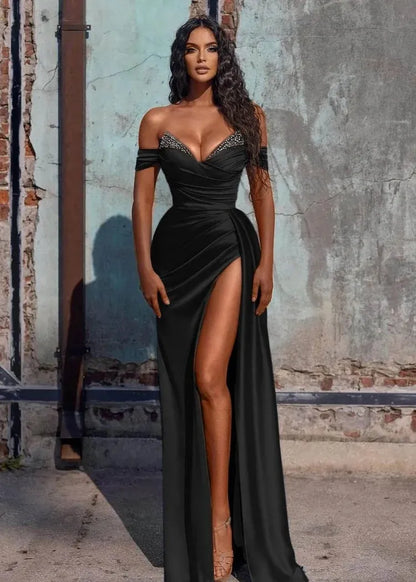 Graceful Mermaid V Neck Sleeveless Slit Satin Sweep Train Prom Dress