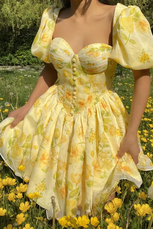 A Line Sweetheart Ballet Style Yellow Printed Short Graduation Dress Formal Wear Dresses Prom Dress Stores