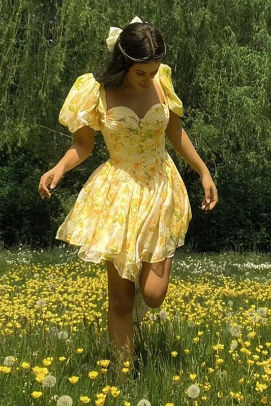 A Line Sweetheart Ballet Style Yellow Printed Short Graduation Dress Formal Wear Dresses Prom Dress Stores