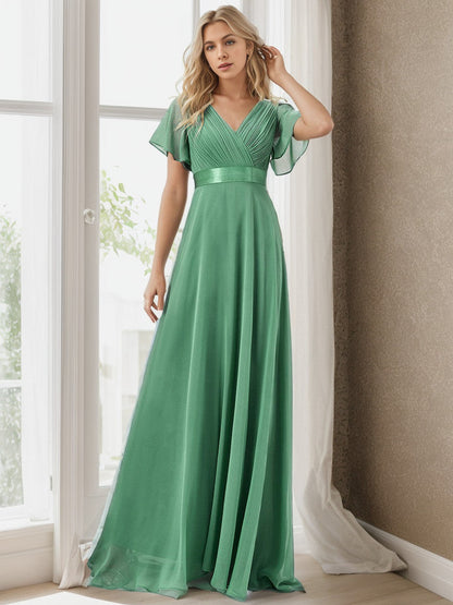 Long Chiffon Empire Waist Bridesmaid Dress with Short Flutter Sleeves