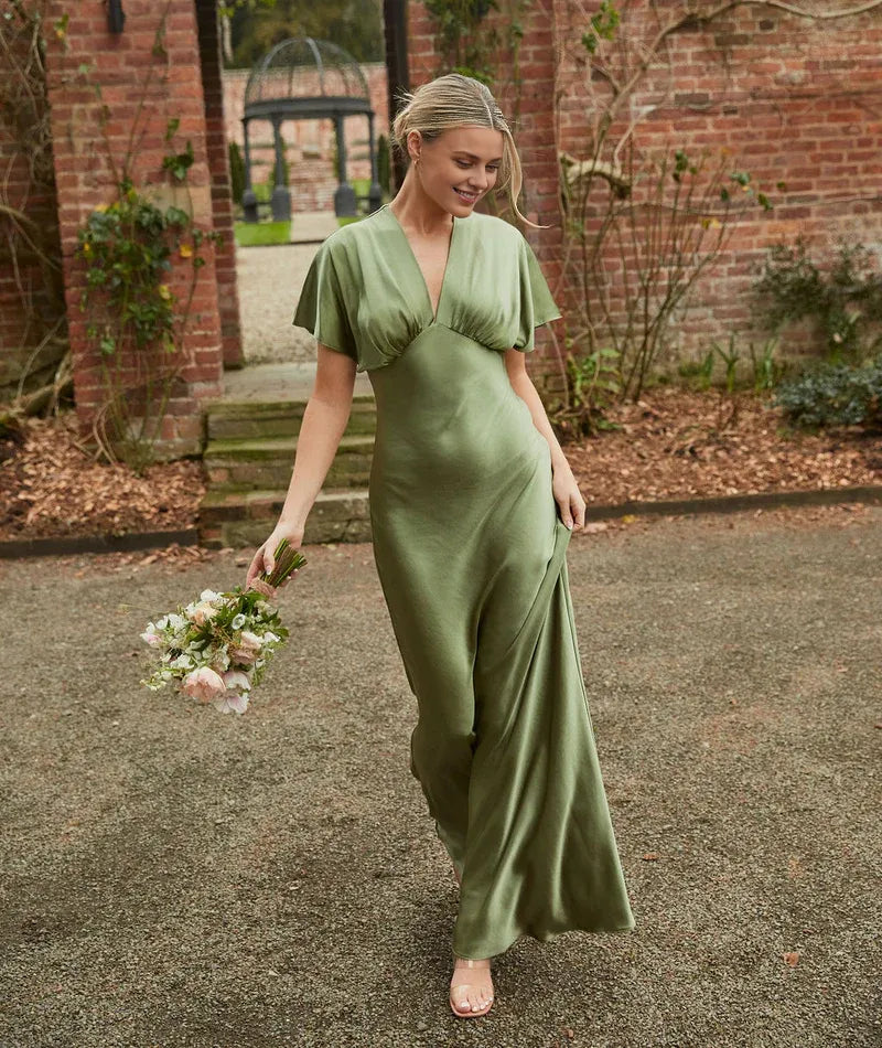 Dress Deep V Neck Batwing Satin Bridesmaid Dress Champagne Pleated Solid Color Fashion Prom Dress