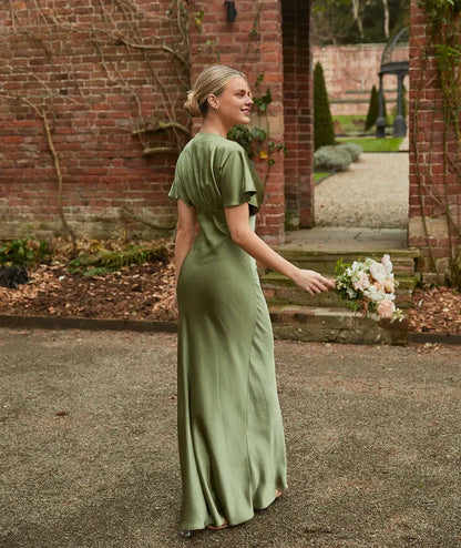 Dress Deep V Neck Batwing Satin Bridesmaid Dress Champagne Pleated Solid Color Fashion Prom Dress