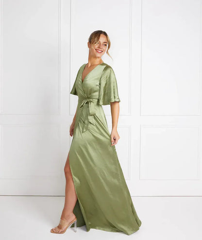 Dress Fashion Wrap Tie Satin Bridesmaid Dress Maxi Dress Solid Color Champagne Flutter Sleeve Column Prom Dress