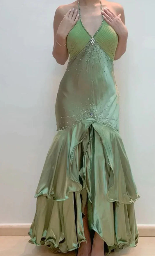 Dress Prom Dress Stores Green Halter Backless Beading Mermaid Long Prom Dress Formal Dresses