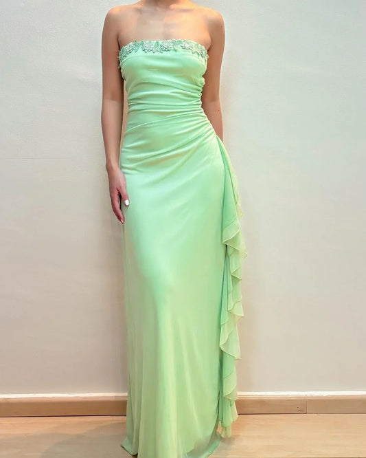 Formal Women's Dresses Strapless Green Sheath Ruffle Long Prom Dress Prom Dresses Stores
