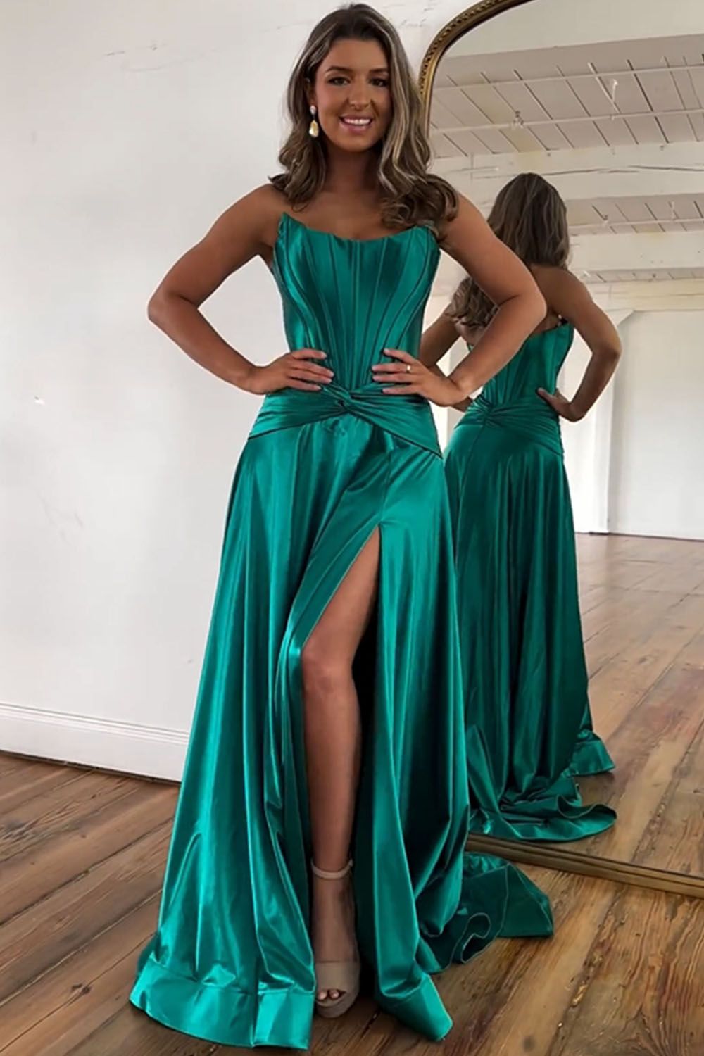 Green Strapless A-Line Long Satin Prom Party Dress With Split