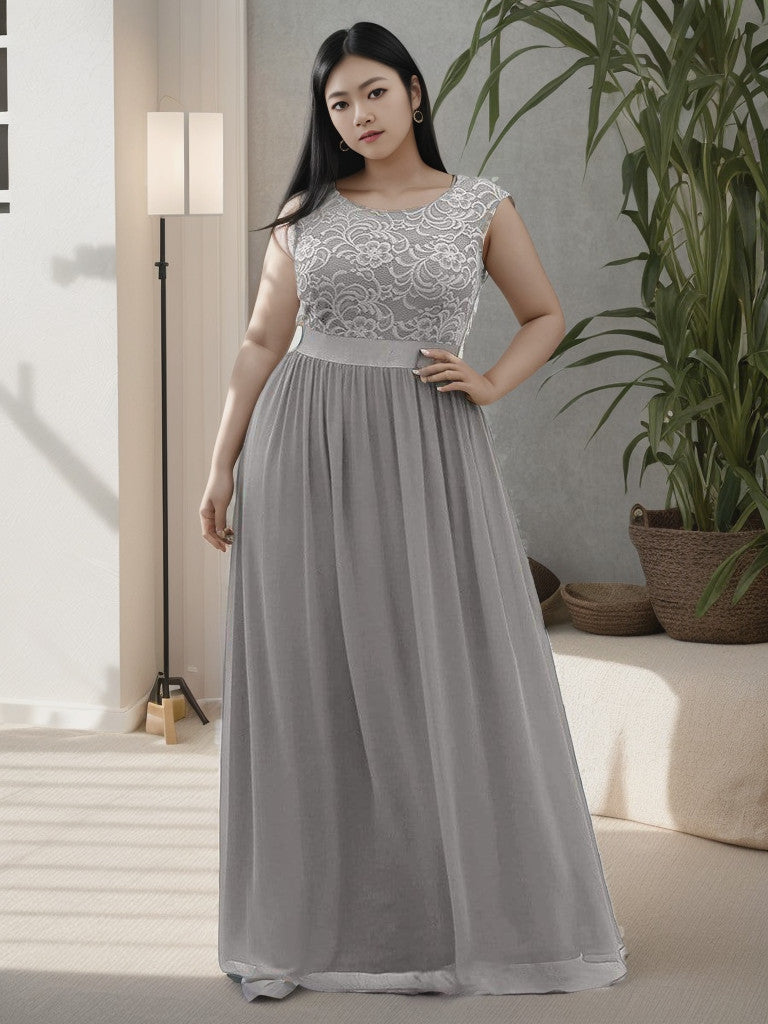 Plus Size Classic Round Neck V Back A-Line Chiffon Bridesmaid Dresses with Lace