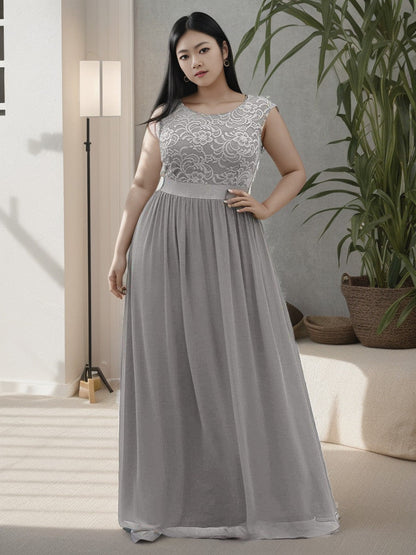 Plus Size Classic Round Neck V Back A-Line Chiffon Bridesmaid Dresses with Lace
