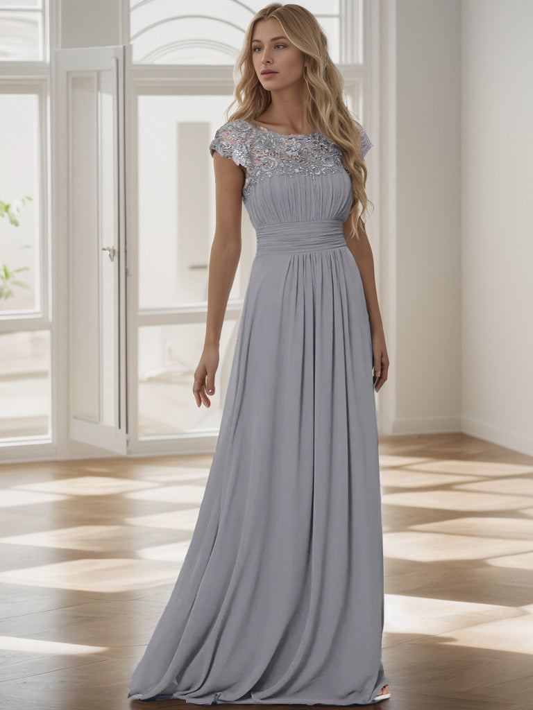 Classic Maxi Long Lace Cap Sleeve Bridesmaid Dress