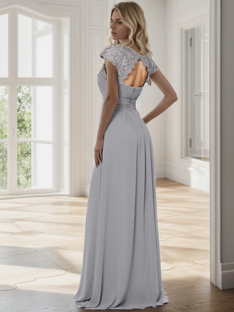 Classic Maxi Long Lace Cap Sleeve Bridesmaid Dress