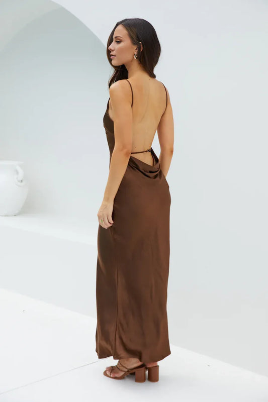 HOT Sale High Boat Neck Brown Sleeveless Solid Color Formal Elegant Mermaid Satin Floor Length Prom Dresses
