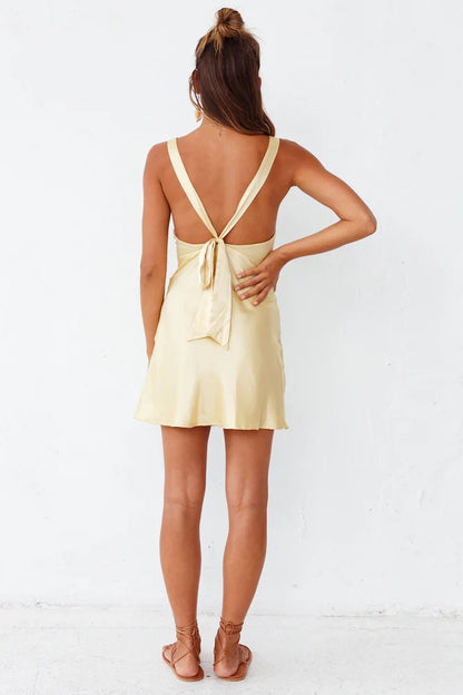 HOT Sale Simple Deep V Neck Satin Shein Yellow A-Line Sleeveless Solid Color Short Homecoming Dress