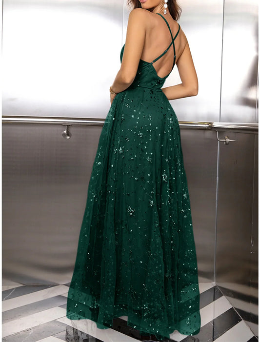 Women's Sequin Dress Prom Dress Party Dress Sparkly Dress Long Dress Maxi Dress Wine Green Sleeveless Spring Fall Winter Spaghetti Strap Fashion Evening