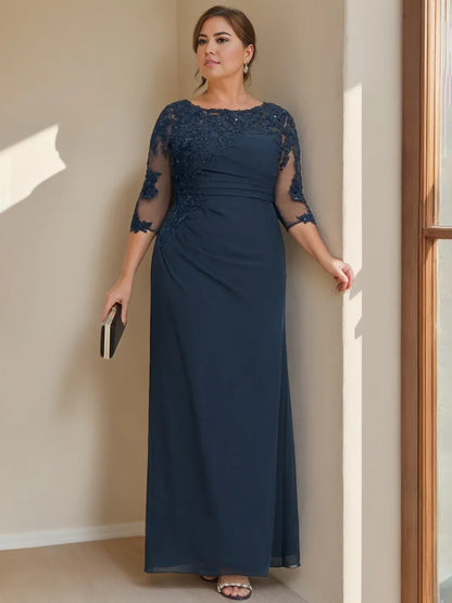 Formal Women's Dresses Sheath/Column Scoop Neck Half Sleeves Floor-Length Plus Size Mother of the Bride Dresses with Ruffles Prom Dresses Stores
