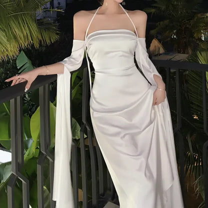 Formal Women's Dresses White Off Shoulder Halter A-Line Long Prom Dress Elegant Party Dress Prom Clothing