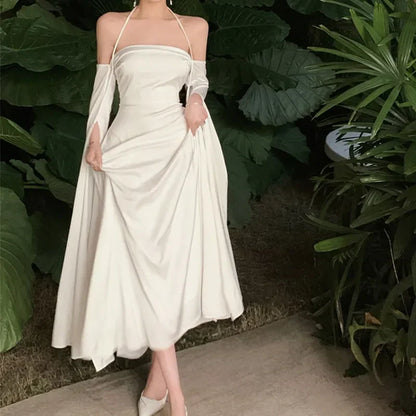 Formal Women's Dresses White Off Shoulder Halter A-Line Long Prom Dress Elegant Party Dress Prom Clothing