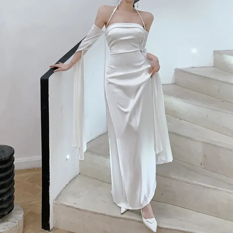 Formal Women's Dresses White Off Shoulder Halter A-Line Long Prom Dress Elegant Party Dress Prom Clothing