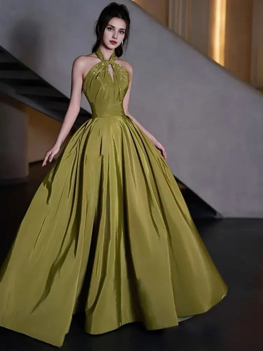 Formal Women's Dresses Halter A Line Green Satin A Line Long Prom Dress Prom Dresses Stores
